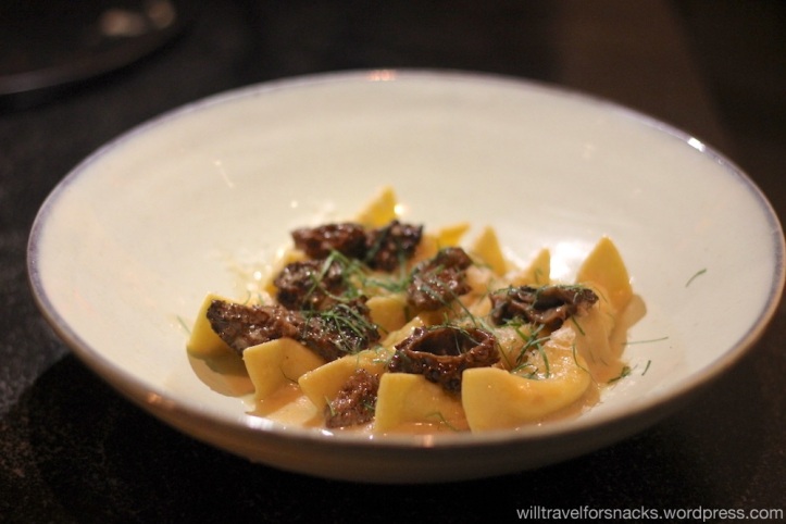 Caramelle pasta with morels and goat cheese at Crown Shy