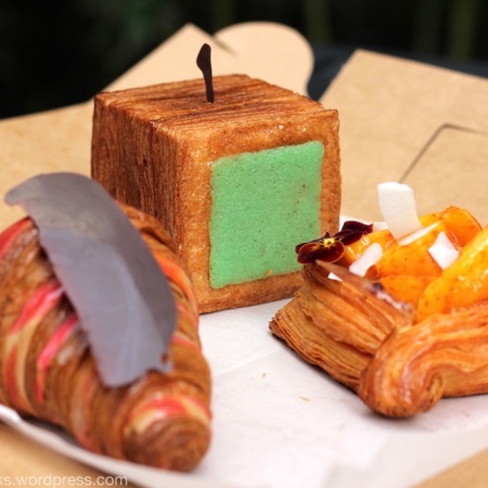 Cacao polycolor croissant, apple style croissant cube, and chili mango danish from Baker Doe SF